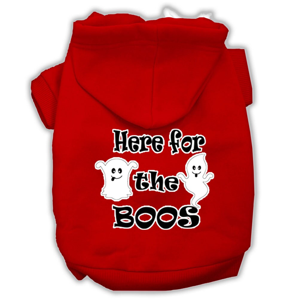 A cozy Halloween hoodie for pets featuring the phrase 'Here For The Boos', suitable for dogs and cats.