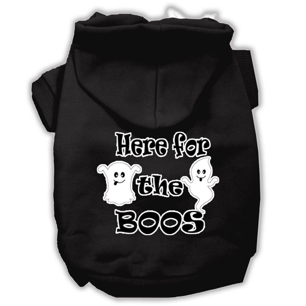 A cozy Halloween hoodie for pets featuring the phrase 'Here For The Boos', suitable for dogs and cats.