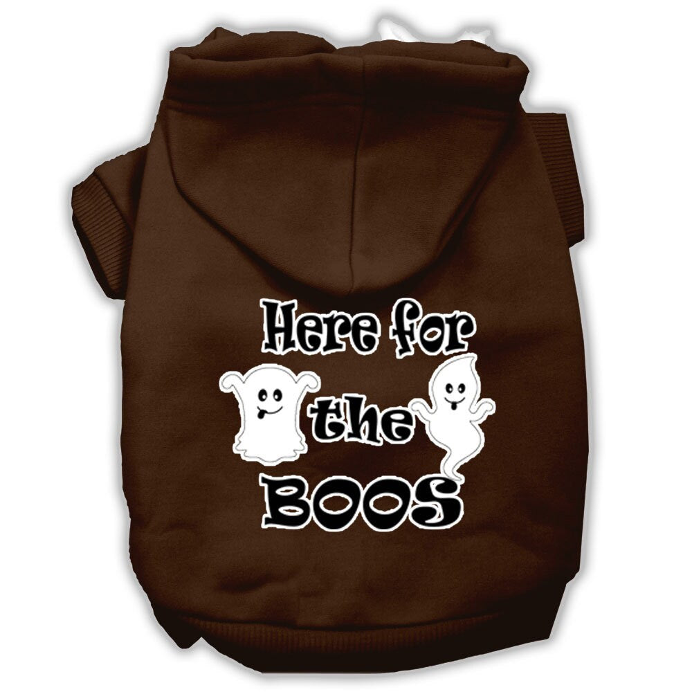 A cozy Halloween hoodie for pets featuring the phrase 'Here For The Boos', suitable for dogs and cats.