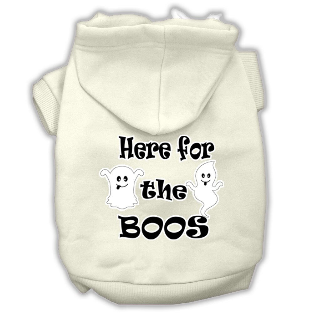 A cozy Halloween hoodie for pets featuring the phrase 'Here For The Boos', suitable for dogs and cats.