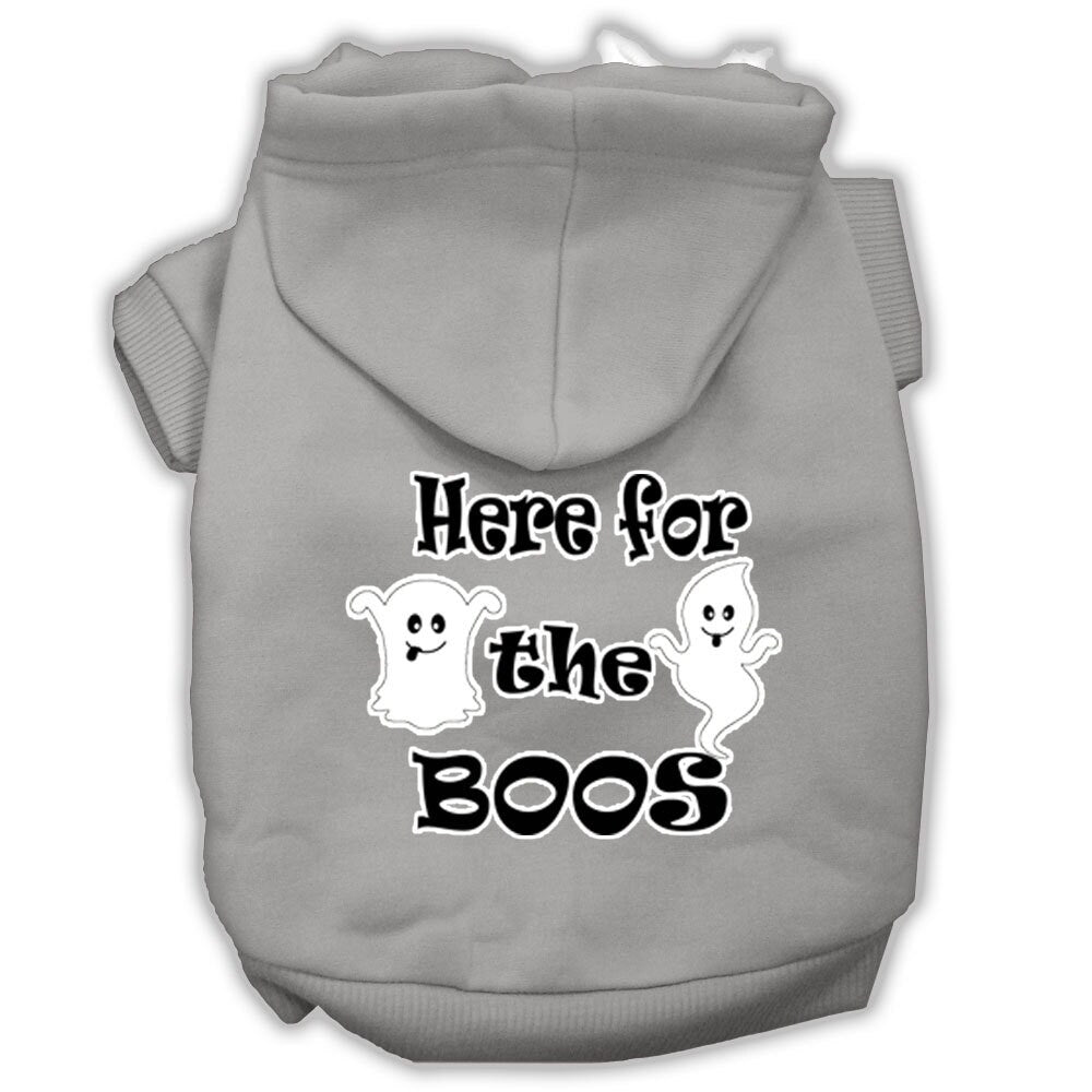 A cozy Halloween hoodie for pets featuring the phrase 'Here For The Boos', suitable for dogs and cats.