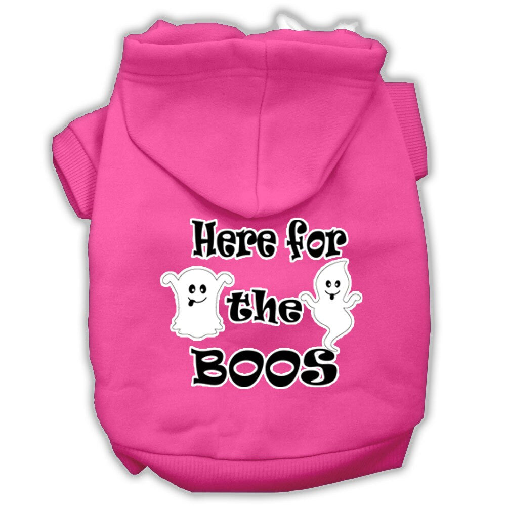 A cozy Halloween hoodie for pets featuring the phrase 'Here For The Boos', suitable for dogs and cats.