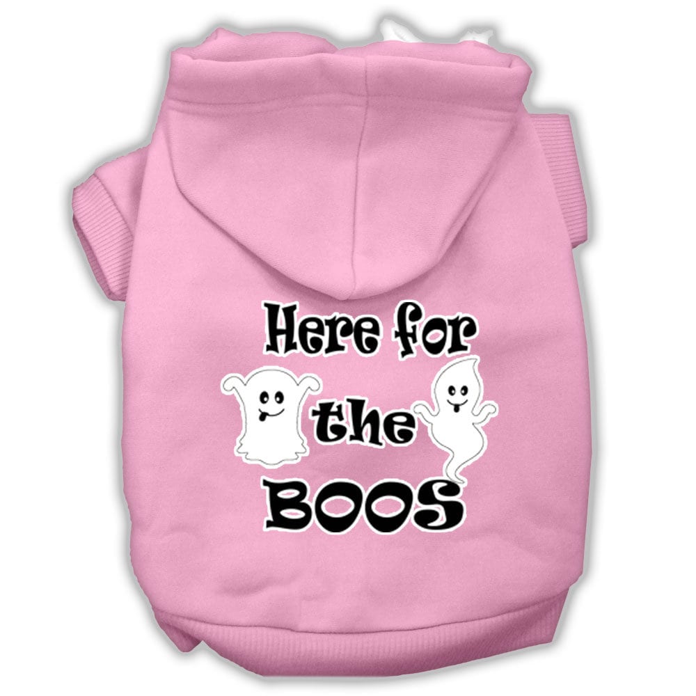 A cozy Halloween hoodie for pets featuring the phrase 'Here For The Boos', suitable for dogs and cats.