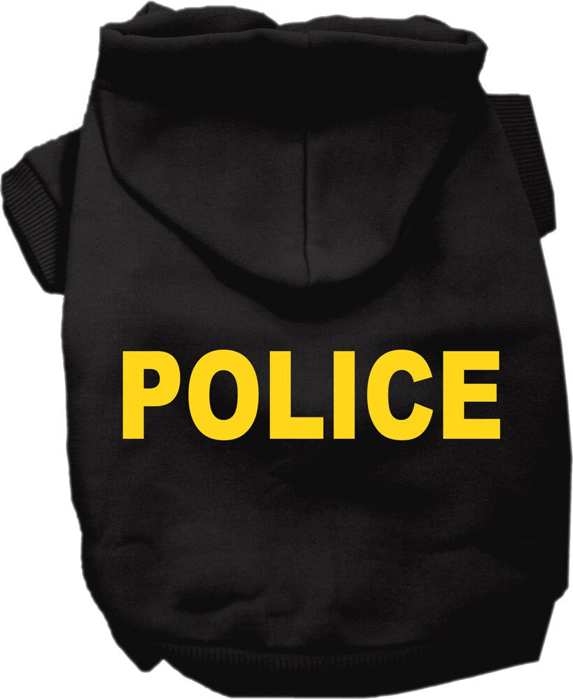 A cozy police costume hoodie for dogs and cats, featuring a screen-printed design, perfect for Halloween celebrations.