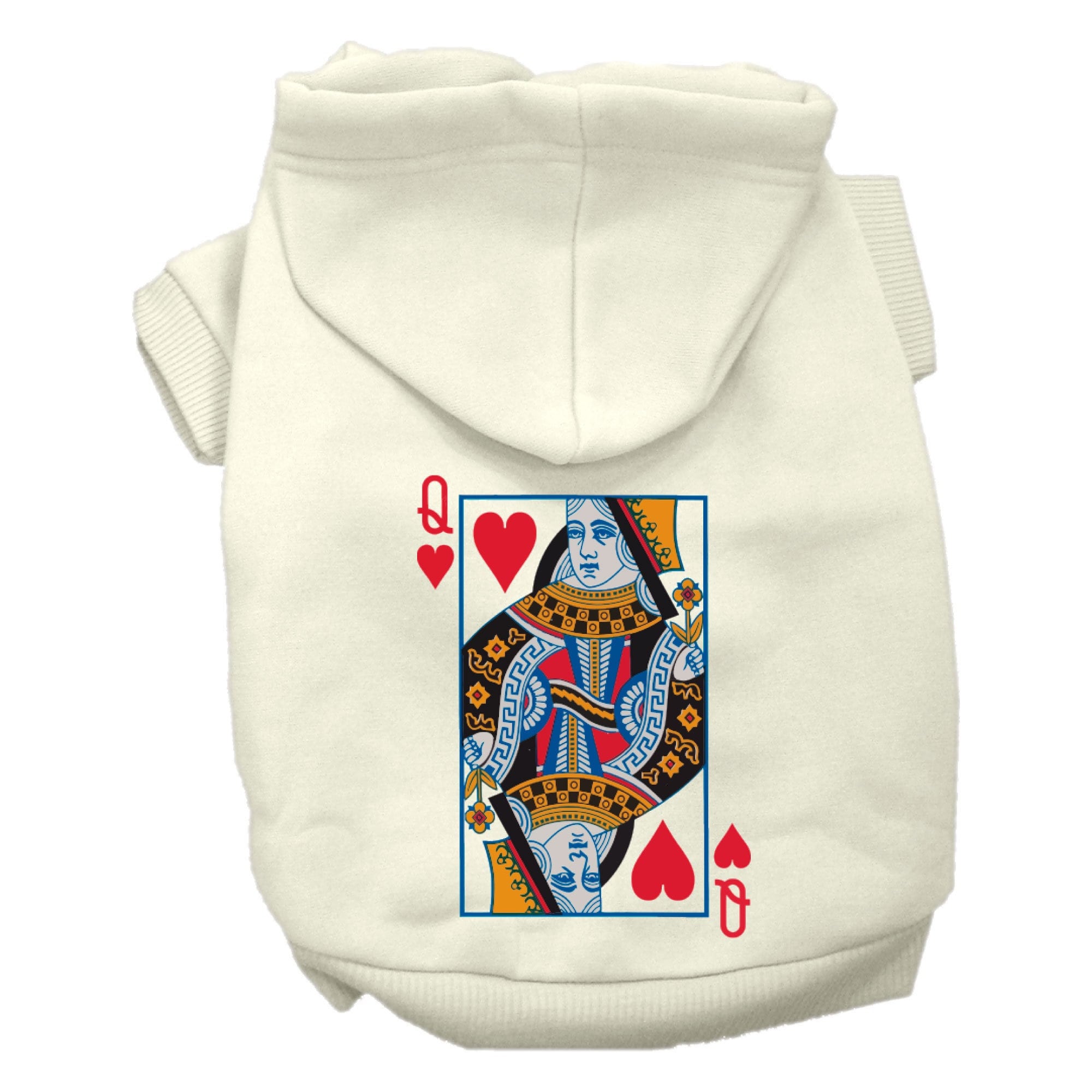 A cozy Halloween hoodie for pets featuring a Queen Of Hearts design, perfect for dogs and cats.