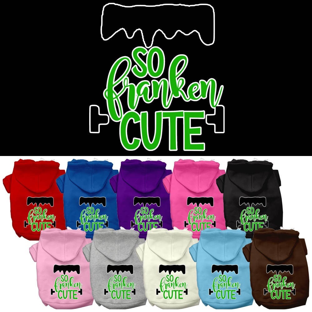 A soft and warm Halloween hoodie for pets, featuring a screen printed design that says 'So Franken Cute', perfect for dogs and cats.