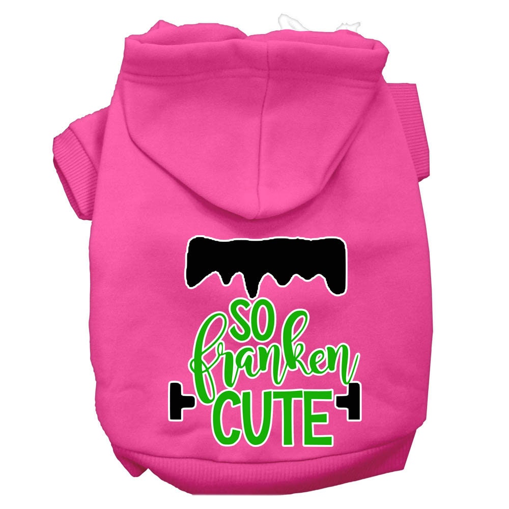A soft and warm Halloween hoodie for pets, featuring a screen printed design that says 'So Franken Cute', perfect for dogs and cats.