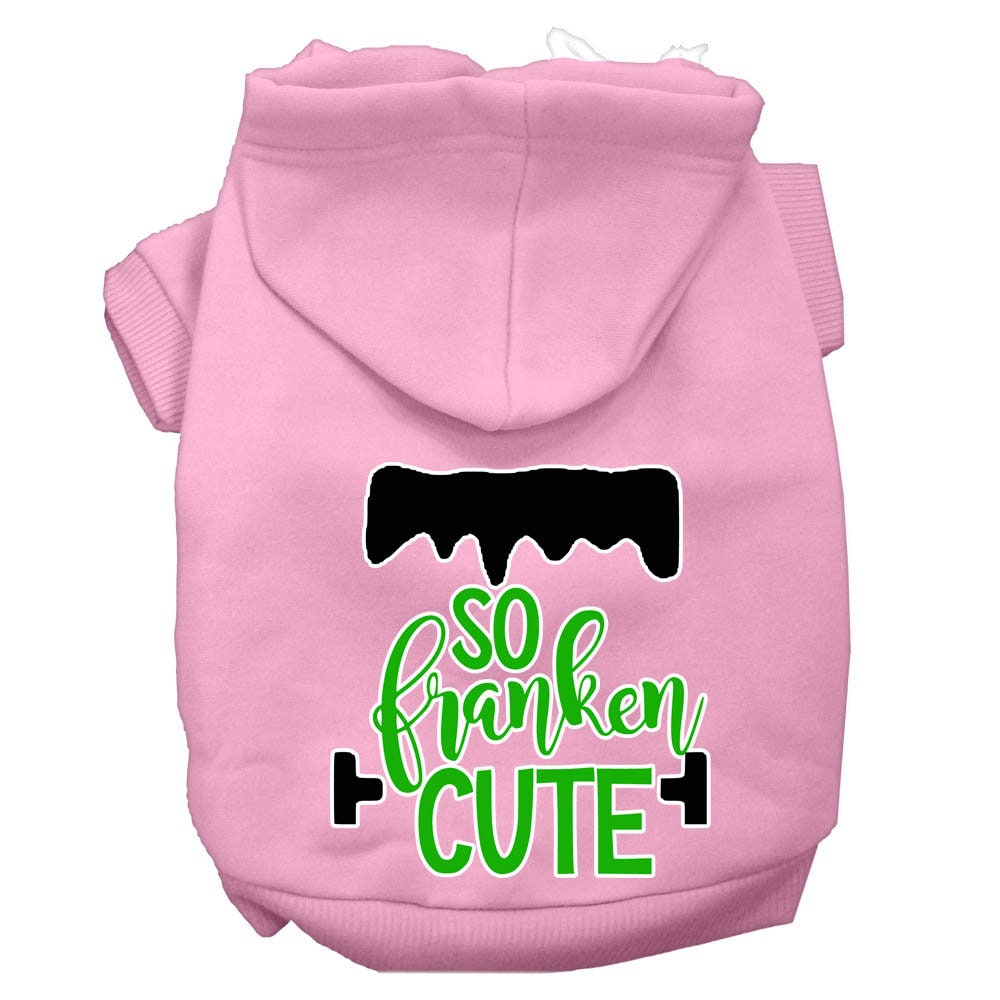 A soft and warm Halloween hoodie for pets, featuring a screen printed design that says 'So Franken Cute', perfect for dogs and cats.