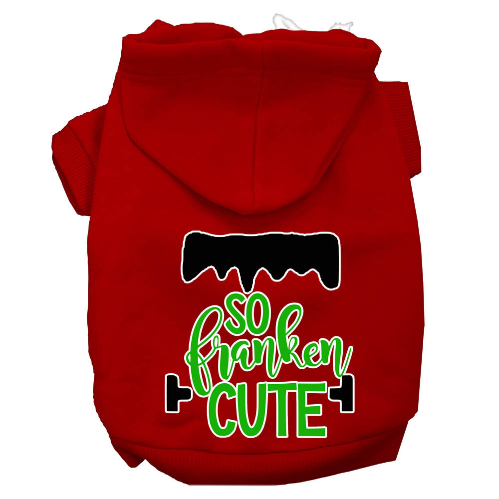 A soft and warm Halloween hoodie for pets, featuring a screen printed design that says 'So Franken Cute', perfect for dogs and cats.