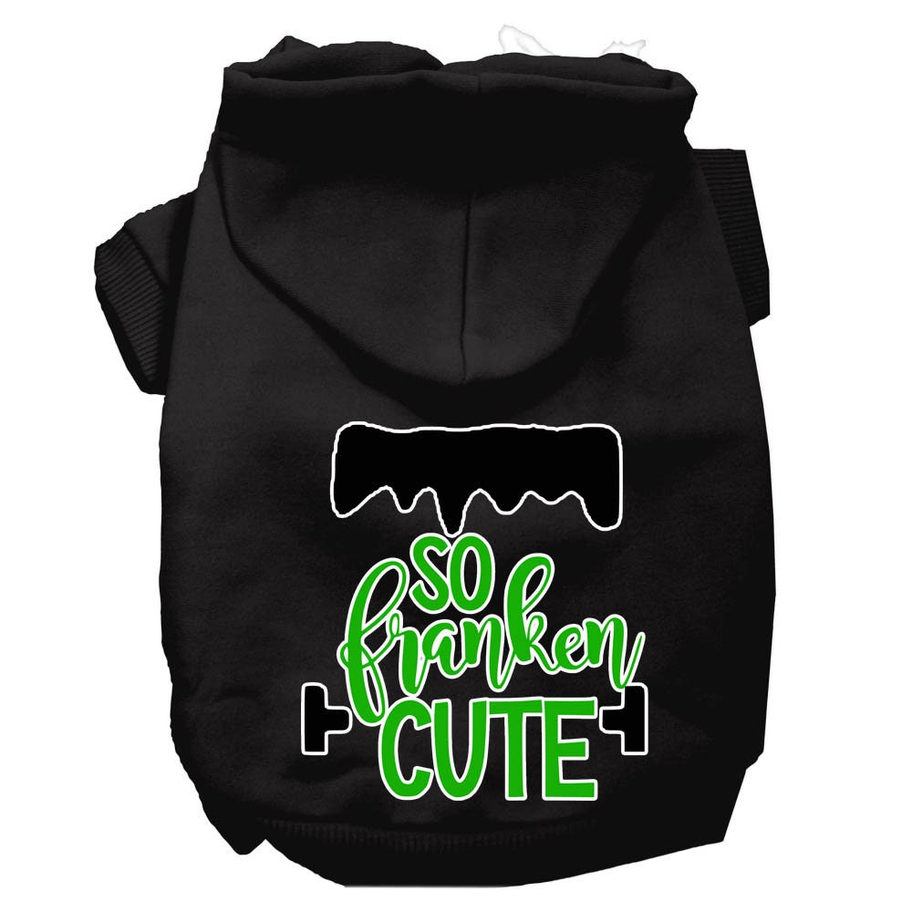 A soft and warm Halloween hoodie for pets, featuring a screen printed design that says 'So Franken Cute', perfect for dogs and cats.