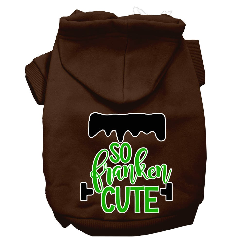 A soft and warm Halloween hoodie for pets, featuring a screen printed design that says 'So Franken Cute', perfect for dogs and cats.