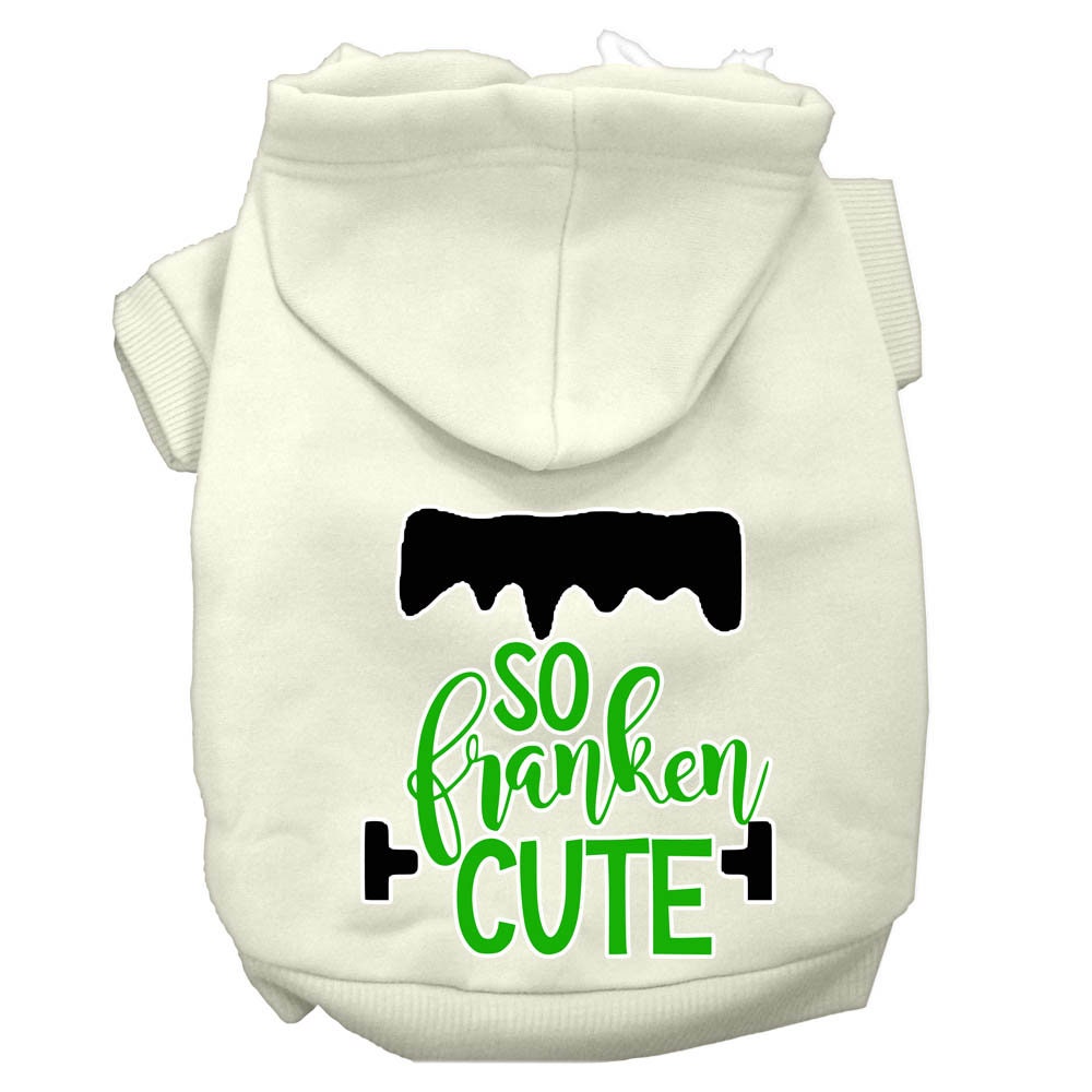A soft and warm Halloween hoodie for pets, featuring a screen printed design that says 'So Franken Cute', perfect for dogs and cats.