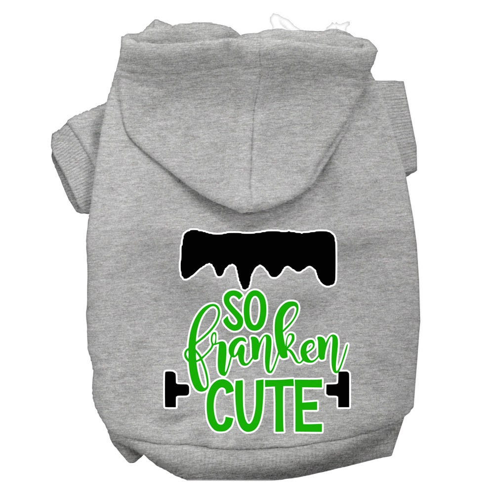 A soft and warm Halloween hoodie for pets, featuring a screen printed design that says 'So Franken Cute', perfect for dogs and cats.