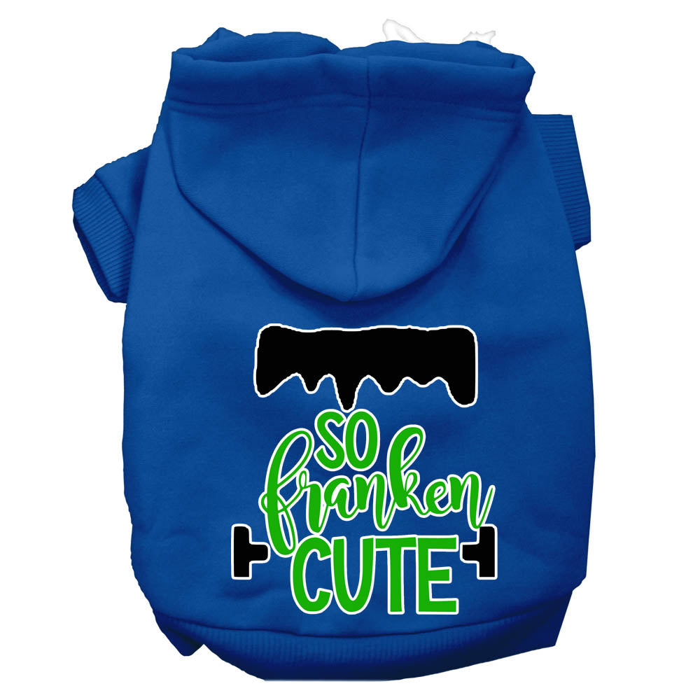 A soft and warm Halloween hoodie for pets, featuring a screen printed design that says 'So Franken Cute', perfect for dogs and cats.