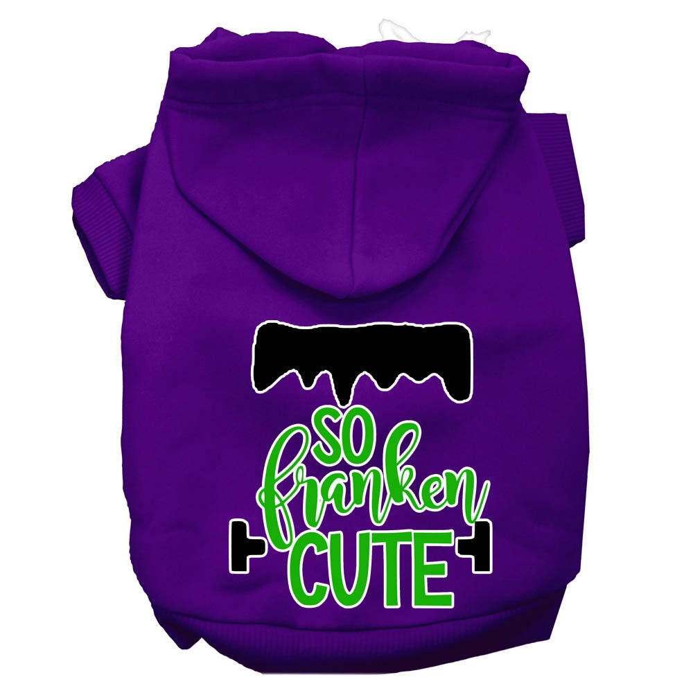 A soft and warm Halloween hoodie for pets, featuring a screen printed design that says 'So Franken Cute', perfect for dogs and cats.