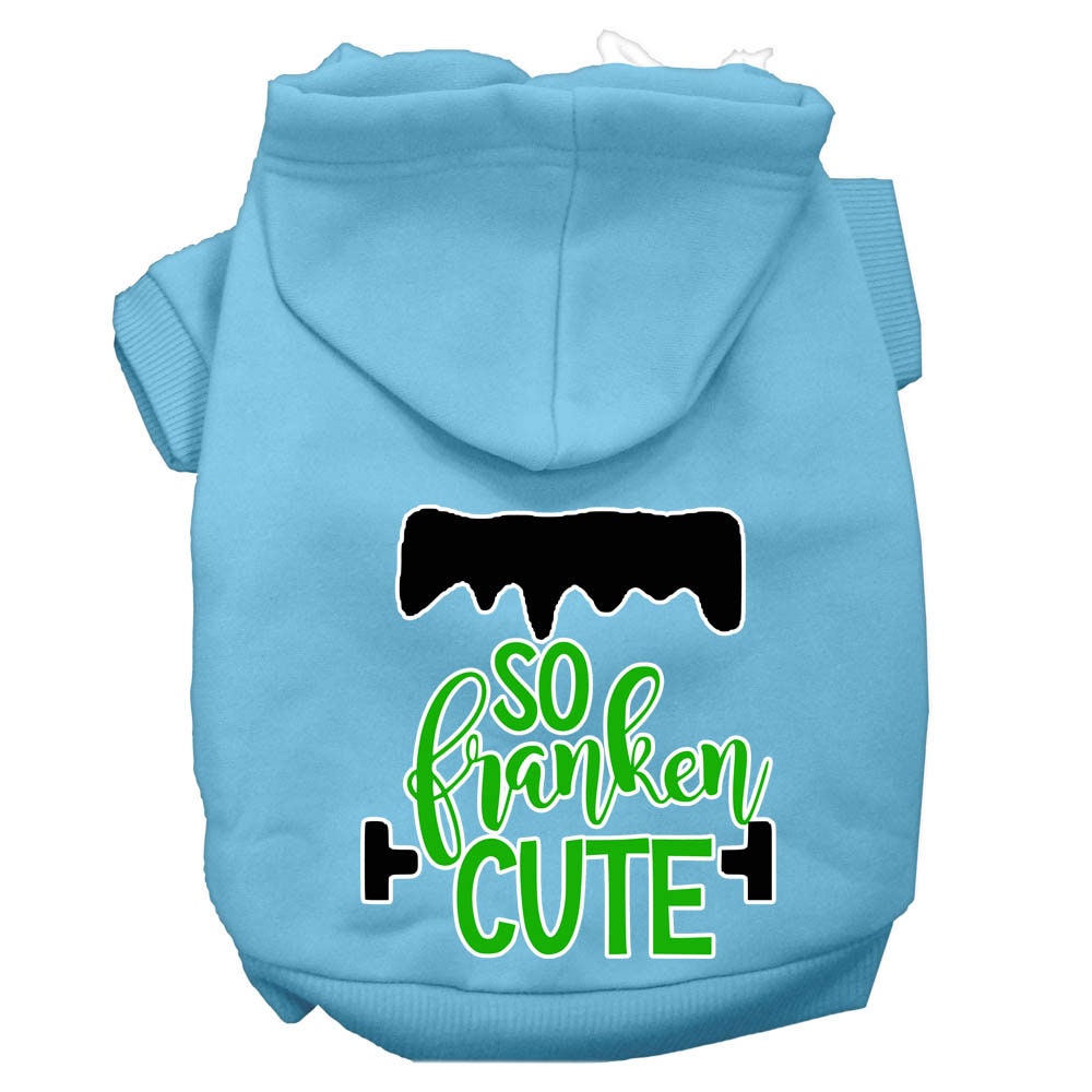 A soft and warm Halloween hoodie for pets, featuring a screen printed design that says 'So Franken Cute', perfect for dogs and cats.