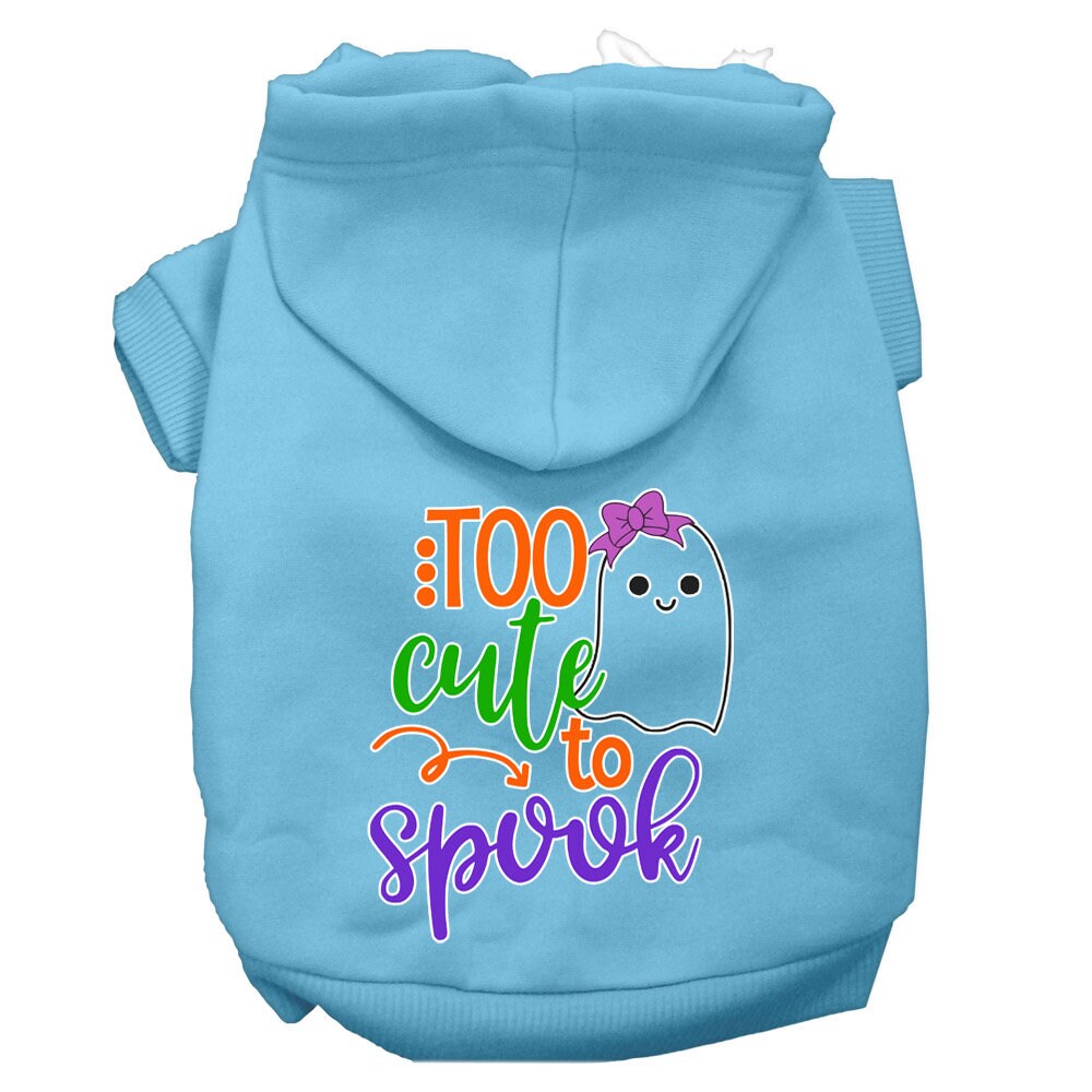 A cute Halloween hoodie for pets featuring the phrase 'Too Cute To Spook' with a girly ghost design, suitable for dogs and cats.