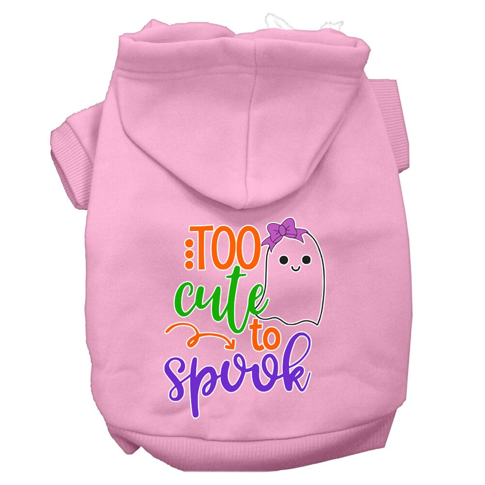 A cute Halloween hoodie for pets featuring the phrase 'Too Cute To Spook' with a girly ghost design, suitable for dogs and cats.