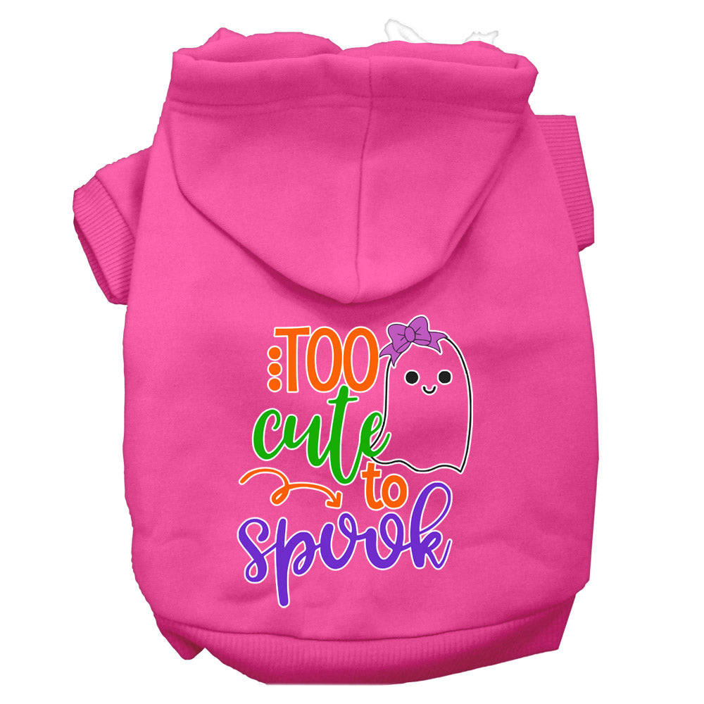 A cute Halloween hoodie for pets featuring the phrase 'Too Cute To Spook' with a girly ghost design, suitable for dogs and cats.