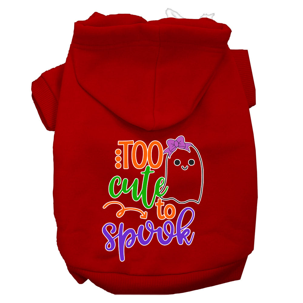 A cute Halloween hoodie for pets featuring the phrase 'Too Cute To Spook' with a girly ghost design, suitable for dogs and cats.