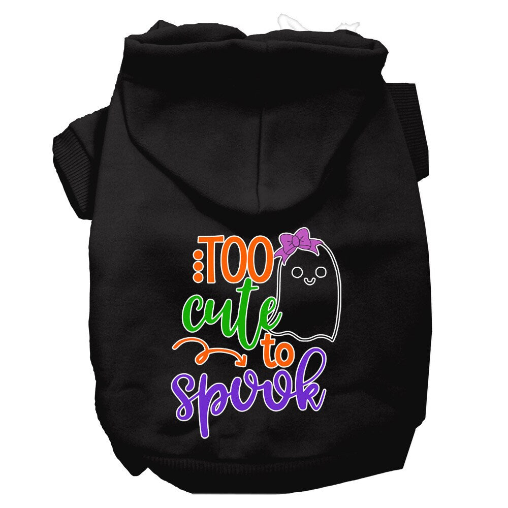 A cute Halloween hoodie for pets featuring the phrase 'Too Cute To Spook' with a girly ghost design, suitable for dogs and cats.