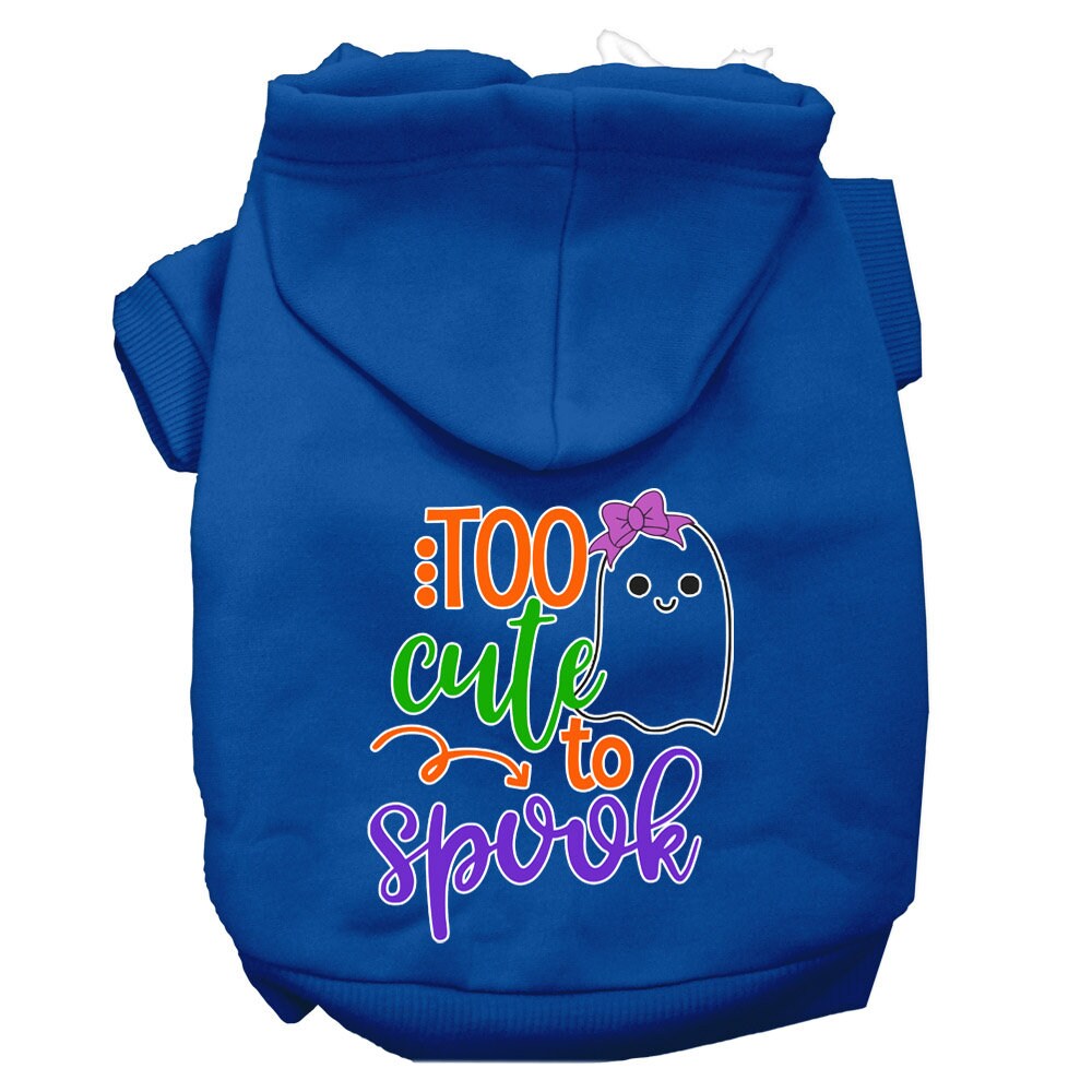 A cute Halloween hoodie for pets featuring the phrase 'Too Cute To Spook' with a girly ghost design, suitable for dogs and cats.