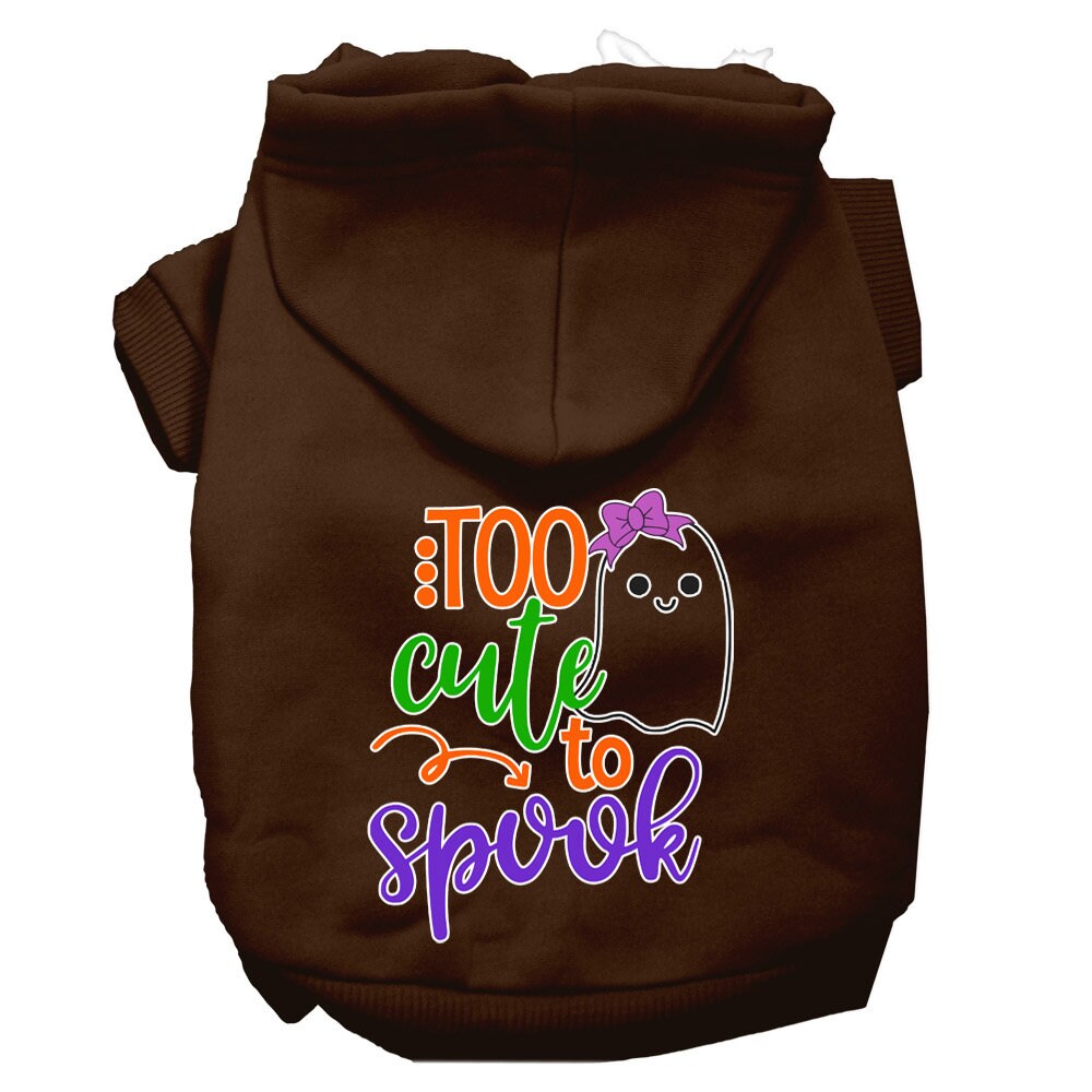 A cute Halloween hoodie for pets featuring the phrase 'Too Cute To Spook' with a girly ghost design, suitable for dogs and cats.