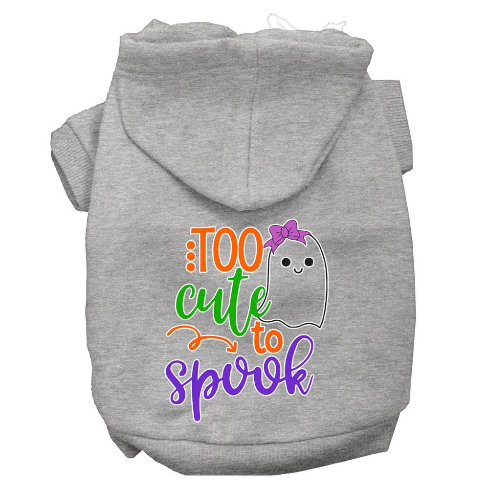 A cute Halloween hoodie for pets featuring the phrase 'Too Cute To Spook' with a girly ghost design, suitable for dogs and cats.