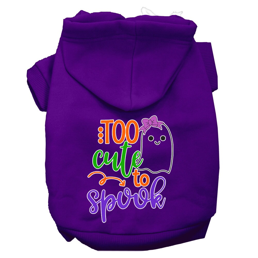 A cute Halloween hoodie for pets featuring the phrase 'Too Cute To Spook' with a girly ghost design, suitable for dogs and cats.