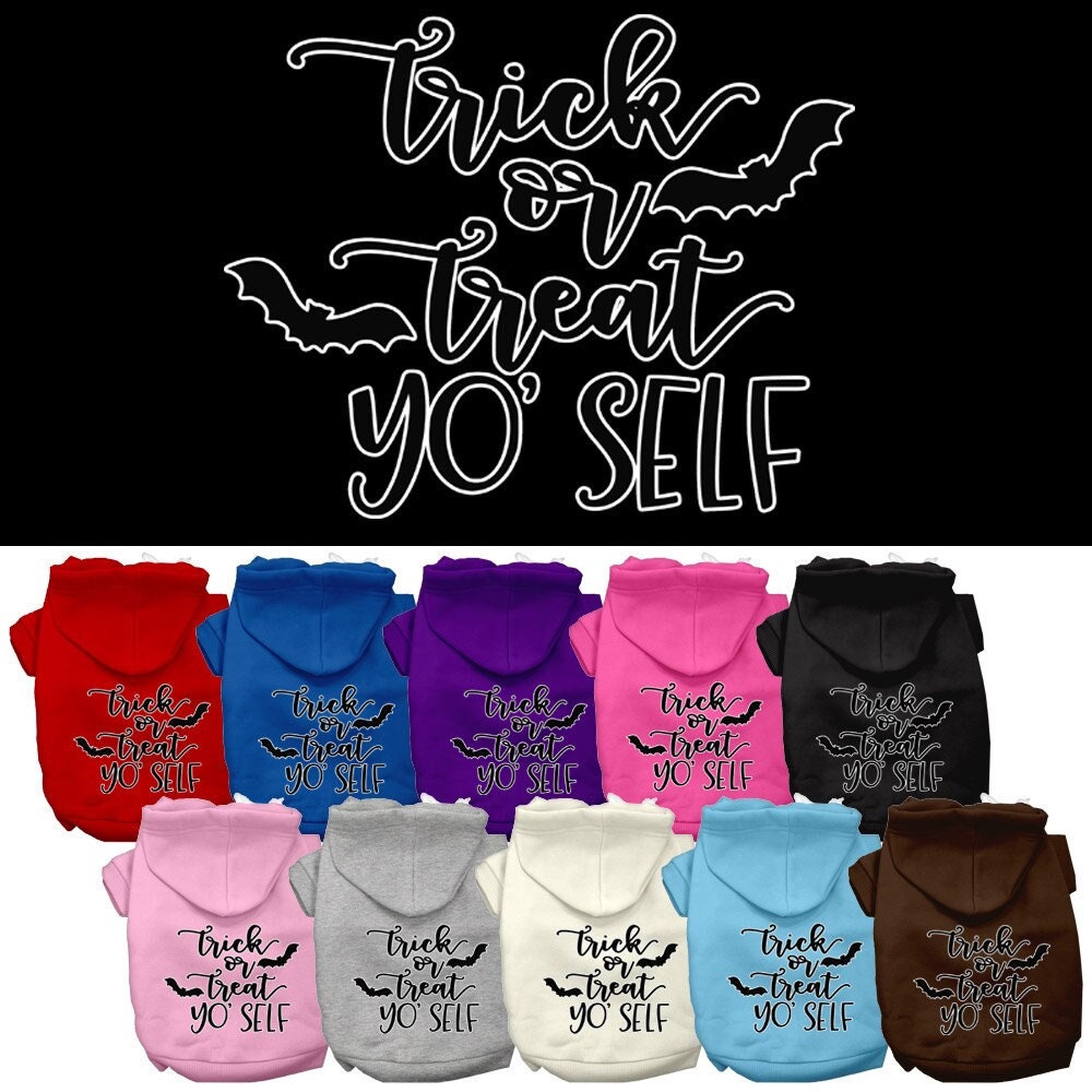 A cozy Halloween pet hoodie for dogs and cats, featuring the phrase 'Trick Or Treat Yo' Self' in vibrant colors, perfect for festive occasions.