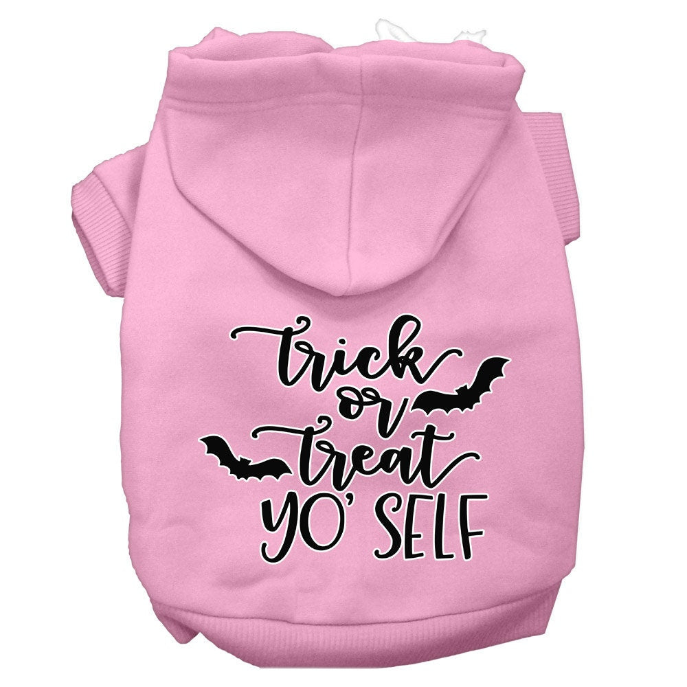 A cozy Halloween pet hoodie for dogs and cats, featuring the phrase 'Trick Or Treat Yo' Self' in vibrant colors, perfect for festive occasions.