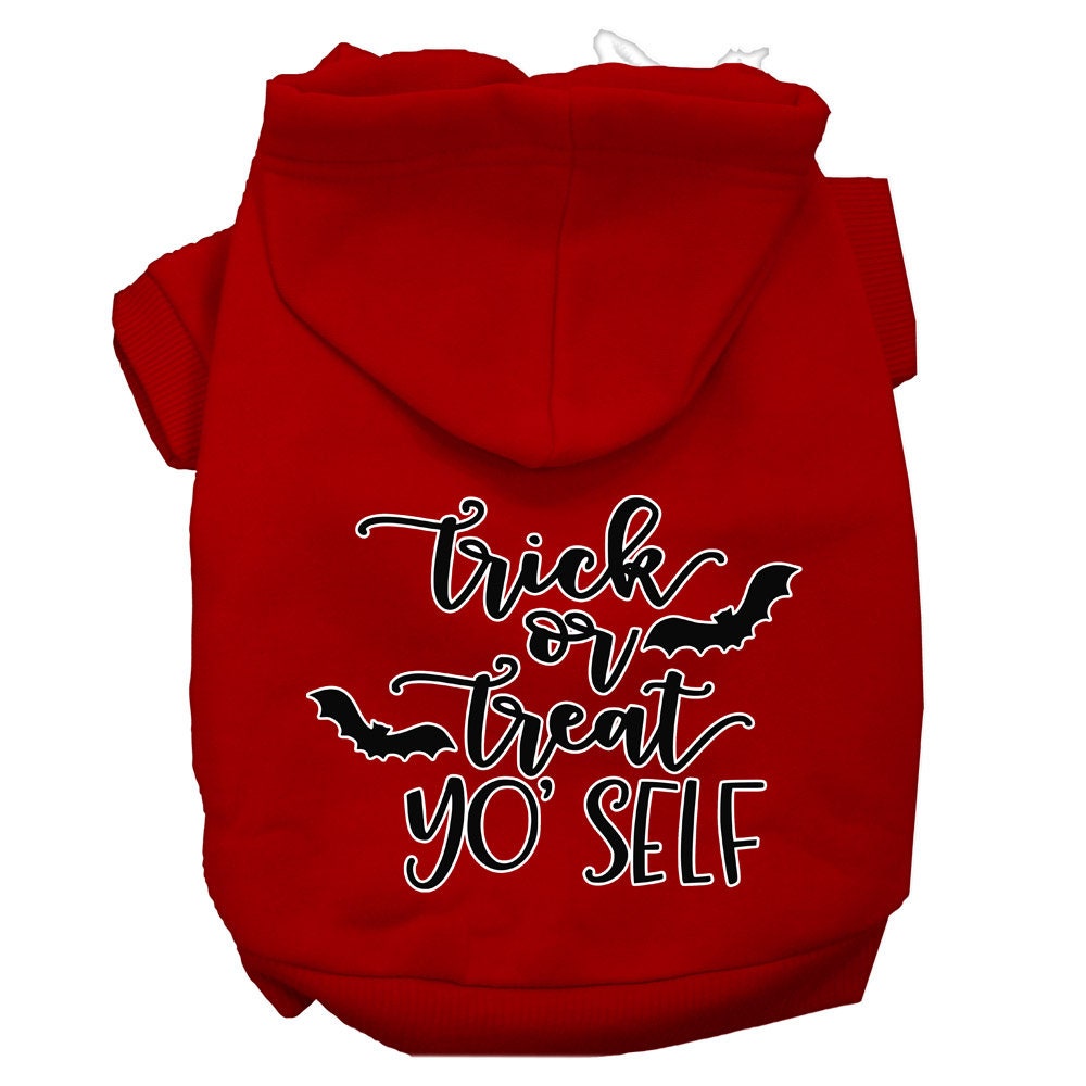A cozy Halloween pet hoodie for dogs and cats, featuring the phrase 'Trick Or Treat Yo' Self' in vibrant colors, perfect for festive occasions.