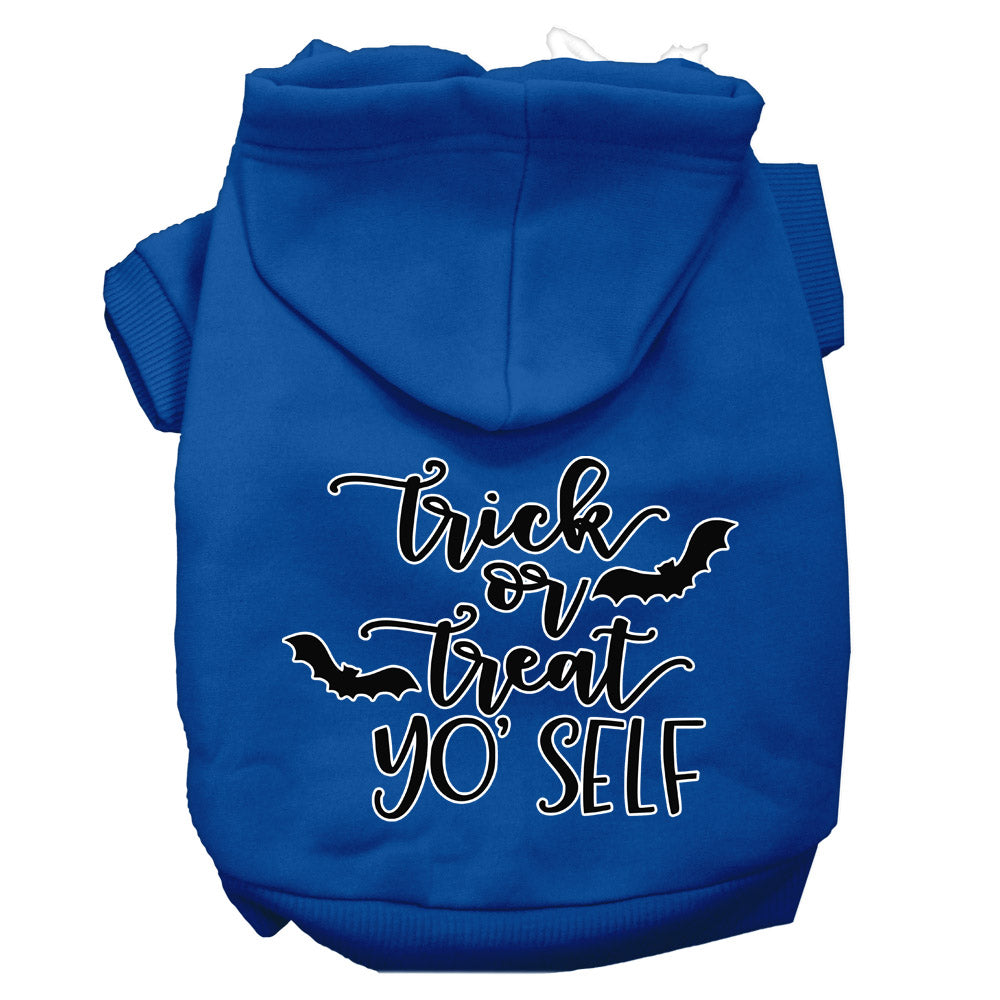 A cozy Halloween pet hoodie for dogs and cats, featuring the phrase 'Trick Or Treat Yo' Self' in vibrant colors, perfect for festive occasions.