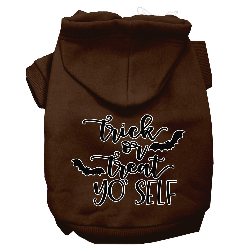 A cozy Halloween pet hoodie for dogs and cats, featuring the phrase 'Trick Or Treat Yo' Self' in vibrant colors, perfect for festive occasions.