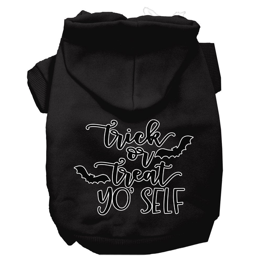 A cozy Halloween pet hoodie for dogs and cats, featuring the phrase 'Trick Or Treat Yo' Self' in vibrant colors, perfect for festive occasions.