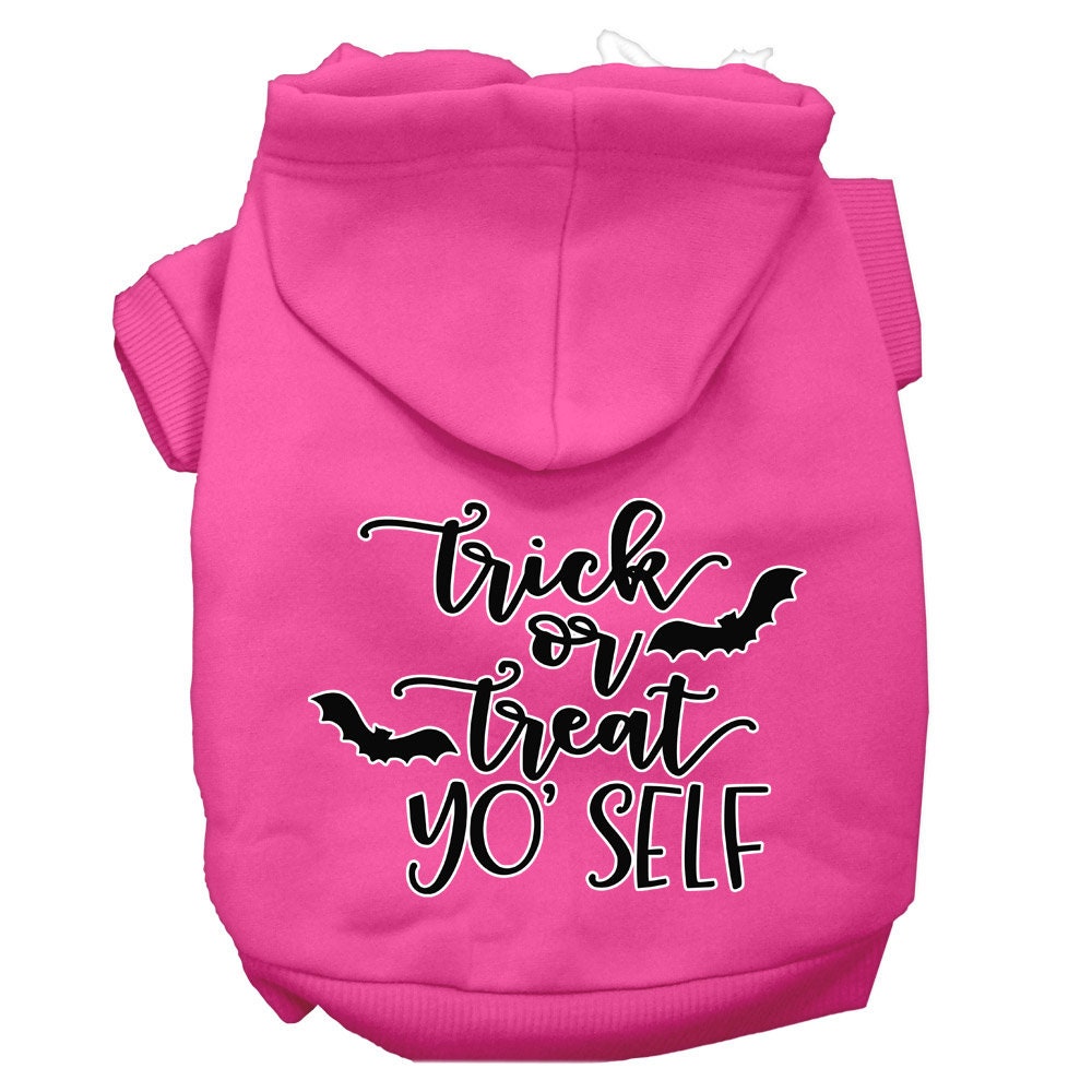 A cozy Halloween pet hoodie for dogs and cats, featuring the phrase 'Trick Or Treat Yo' Self' in vibrant colors, perfect for festive occasions.