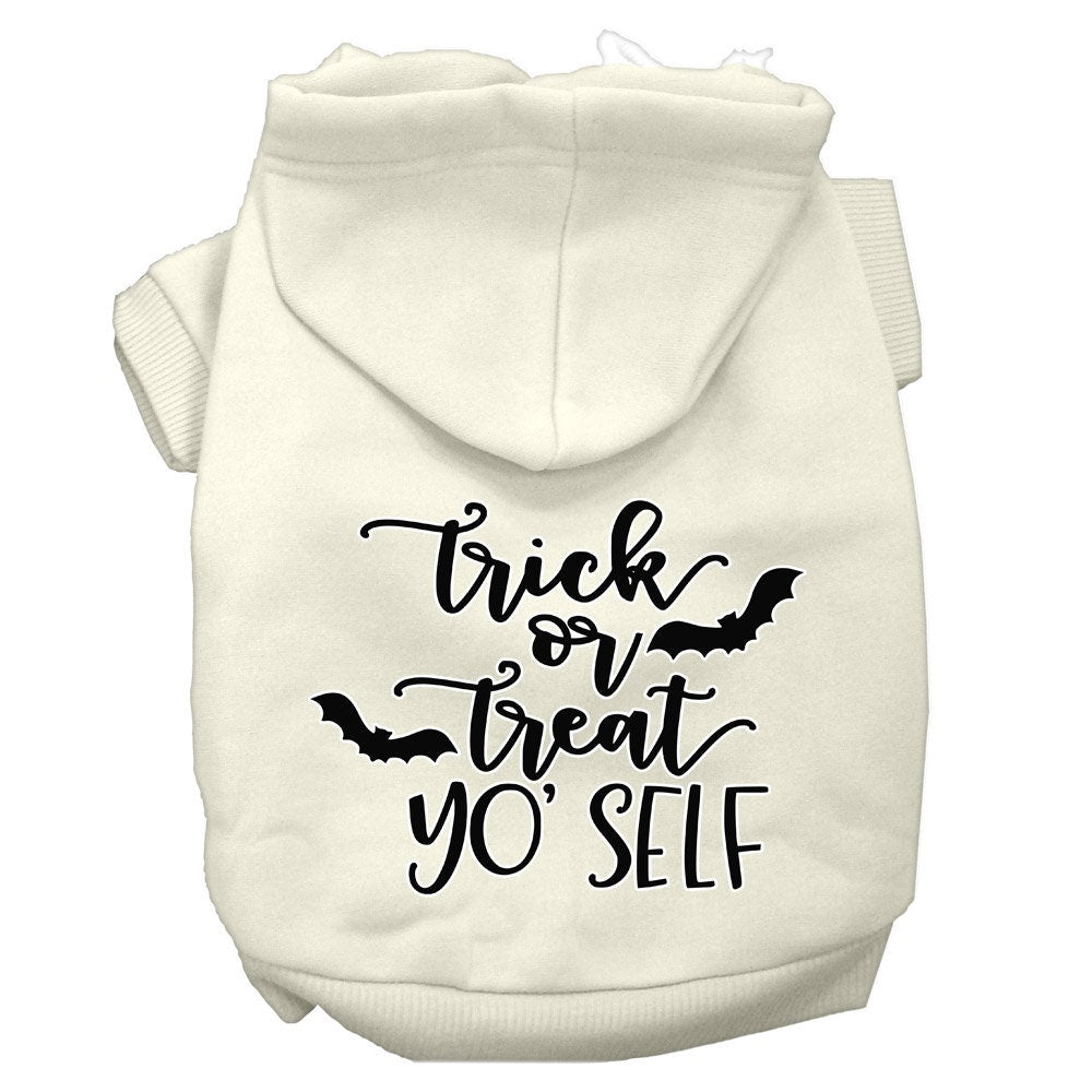 A cozy Halloween pet hoodie for dogs and cats, featuring the phrase 'Trick Or Treat Yo' Self' in vibrant colors, perfect for festive occasions.
