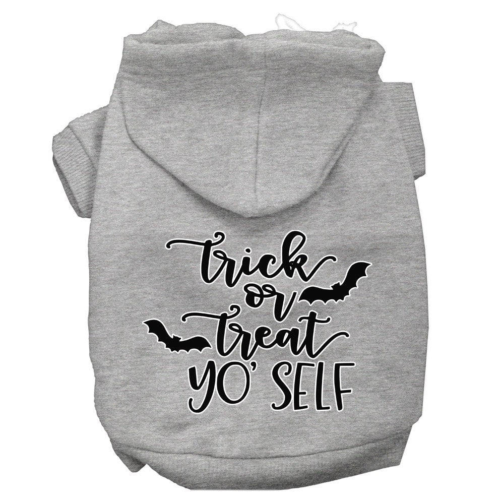 A cozy Halloween pet hoodie for dogs and cats, featuring the phrase 'Trick Or Treat Yo' Self' in vibrant colors, perfect for festive occasions.