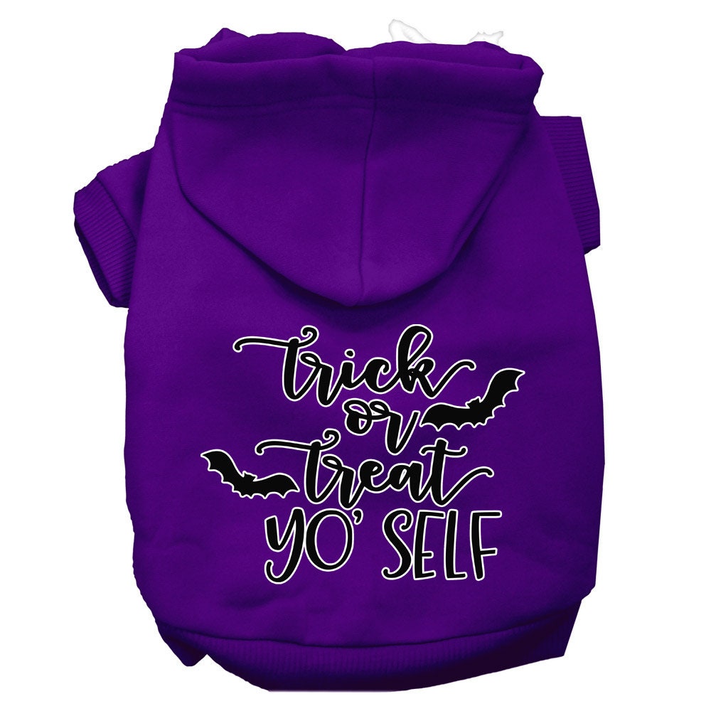 A cozy Halloween pet hoodie for dogs and cats, featuring the phrase 'Trick Or Treat Yo' Self' in vibrant colors, perfect for festive occasions.