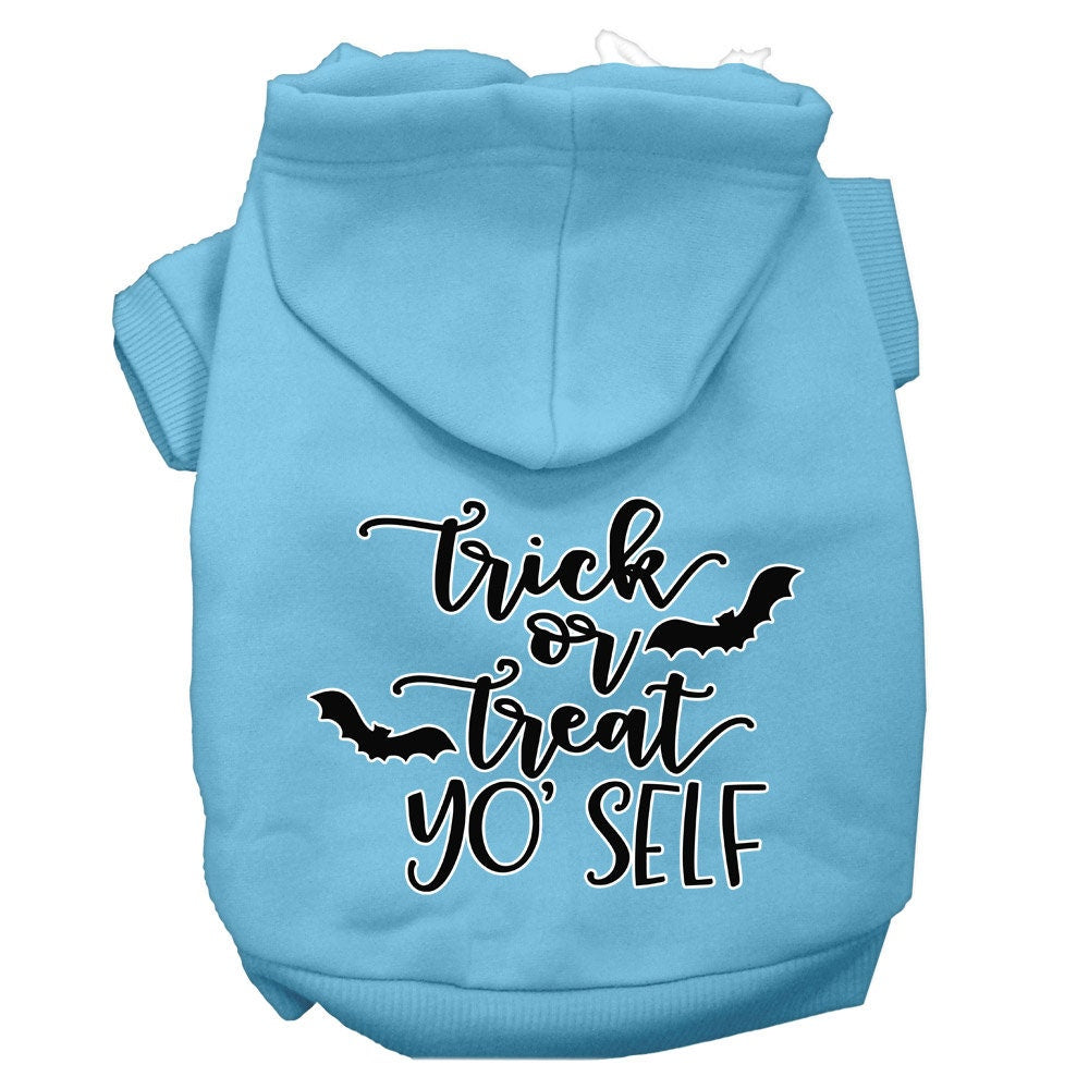 A cozy Halloween pet hoodie for dogs and cats, featuring the phrase 'Trick Or Treat Yo' Self' in vibrant colors, perfect for festive occasions.