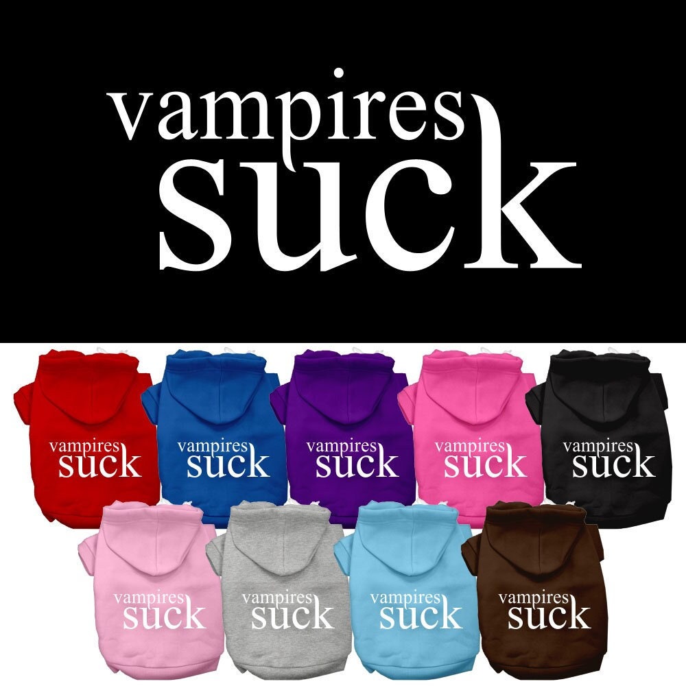 A cozy Halloween hoodie for pets featuring the phrase 'Vampires Suck', designed for dogs and cats.