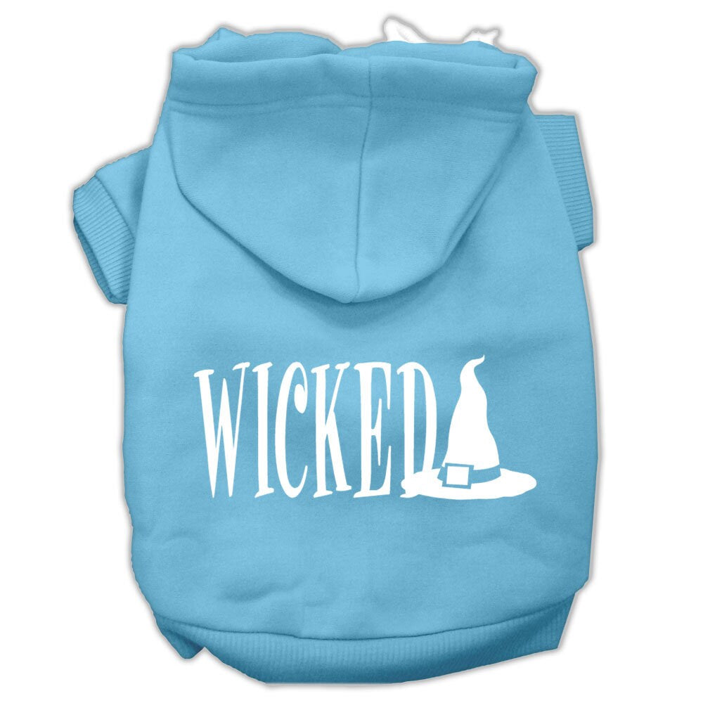 A cozy Halloween hoodie for pets, featuring a screen-printed 'Wicked' design, perfect for dogs and cats.