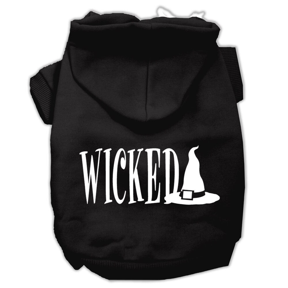 A cozy Halloween hoodie for pets, featuring a screen-printed 'Wicked' design, perfect for dogs and cats.