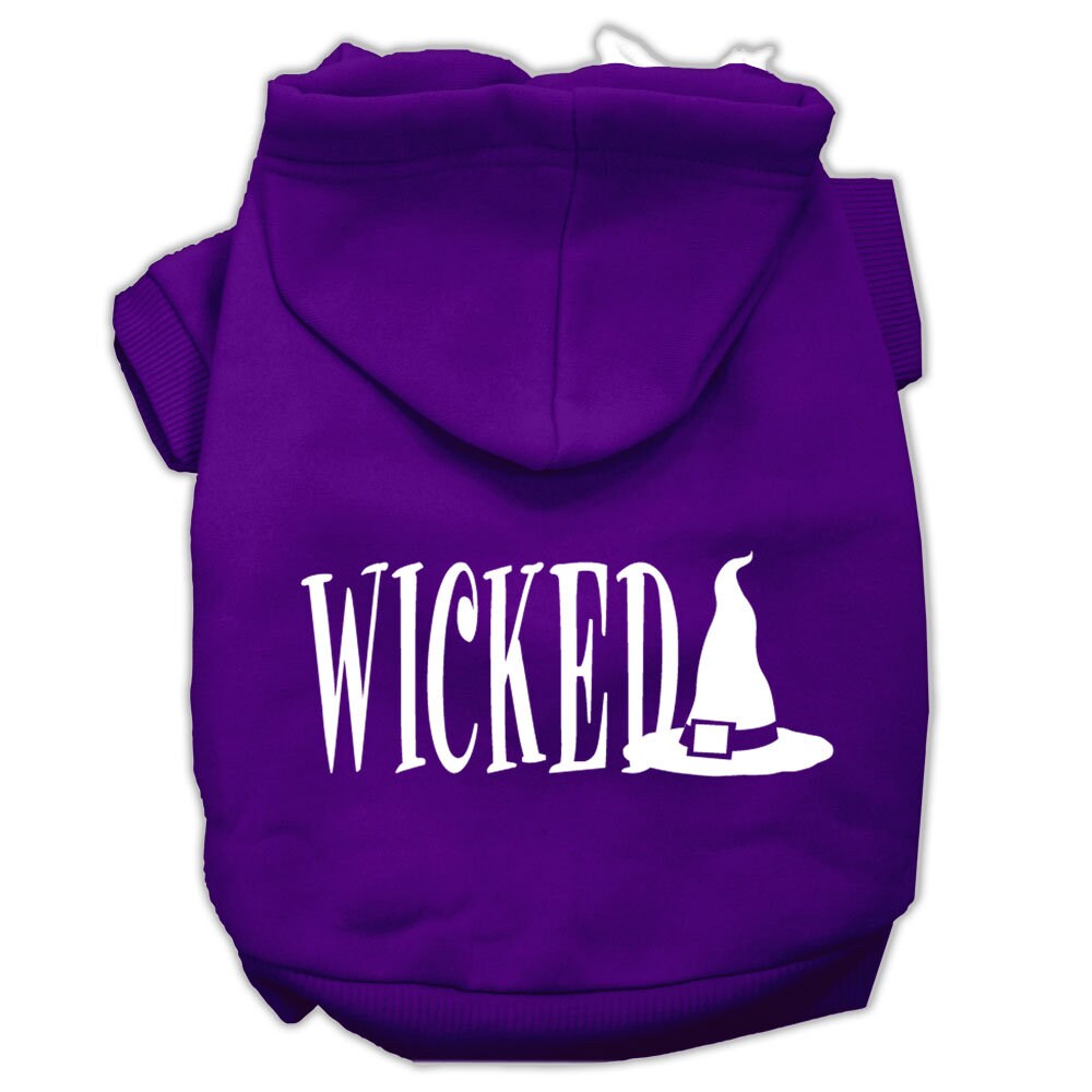 A cozy Halloween hoodie for pets, featuring a screen-printed 'Wicked' design, perfect for dogs and cats.