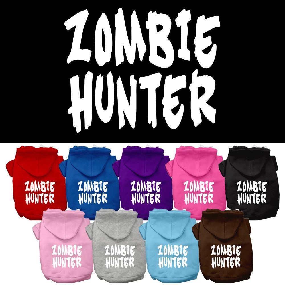 A cozy Halloween hoodie for pets featuring a 'Zombie Hunter' design, perfect for dogs and cats.