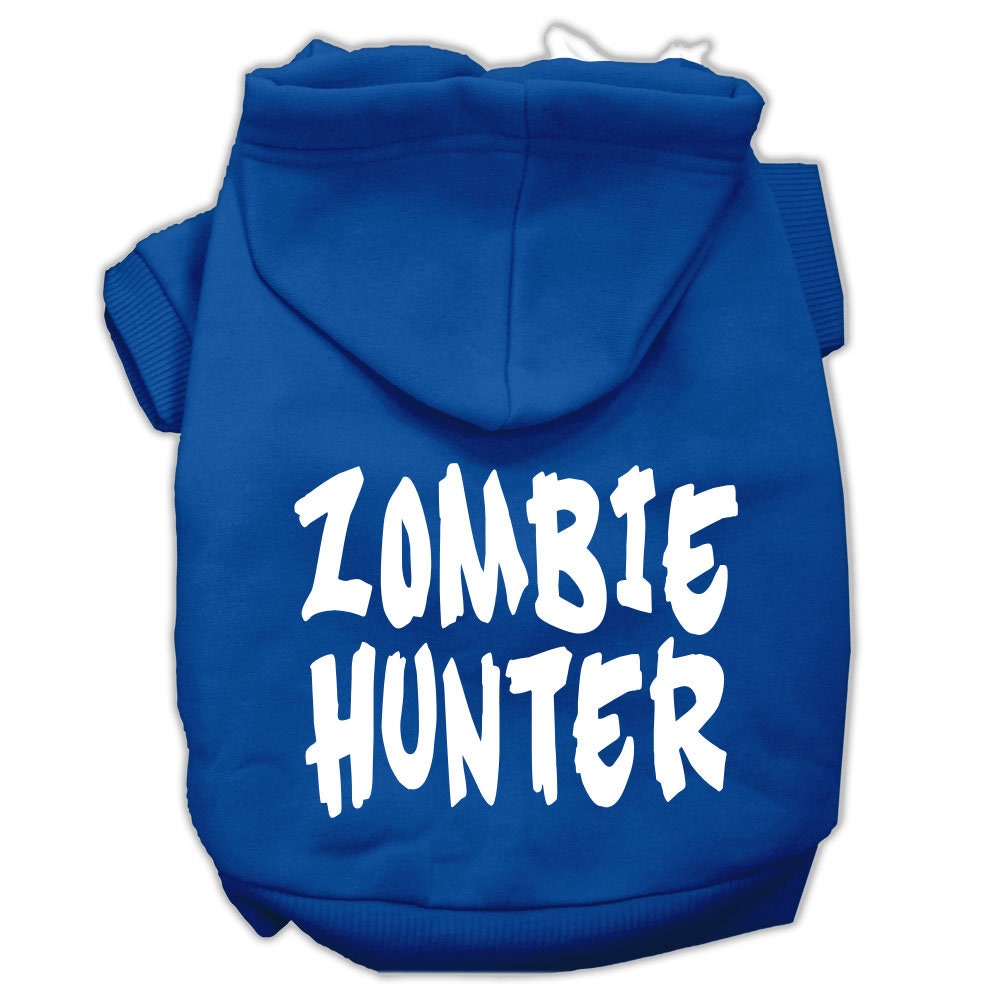 A cozy Halloween hoodie for pets featuring a 'Zombie Hunter' design, perfect for dogs and cats.