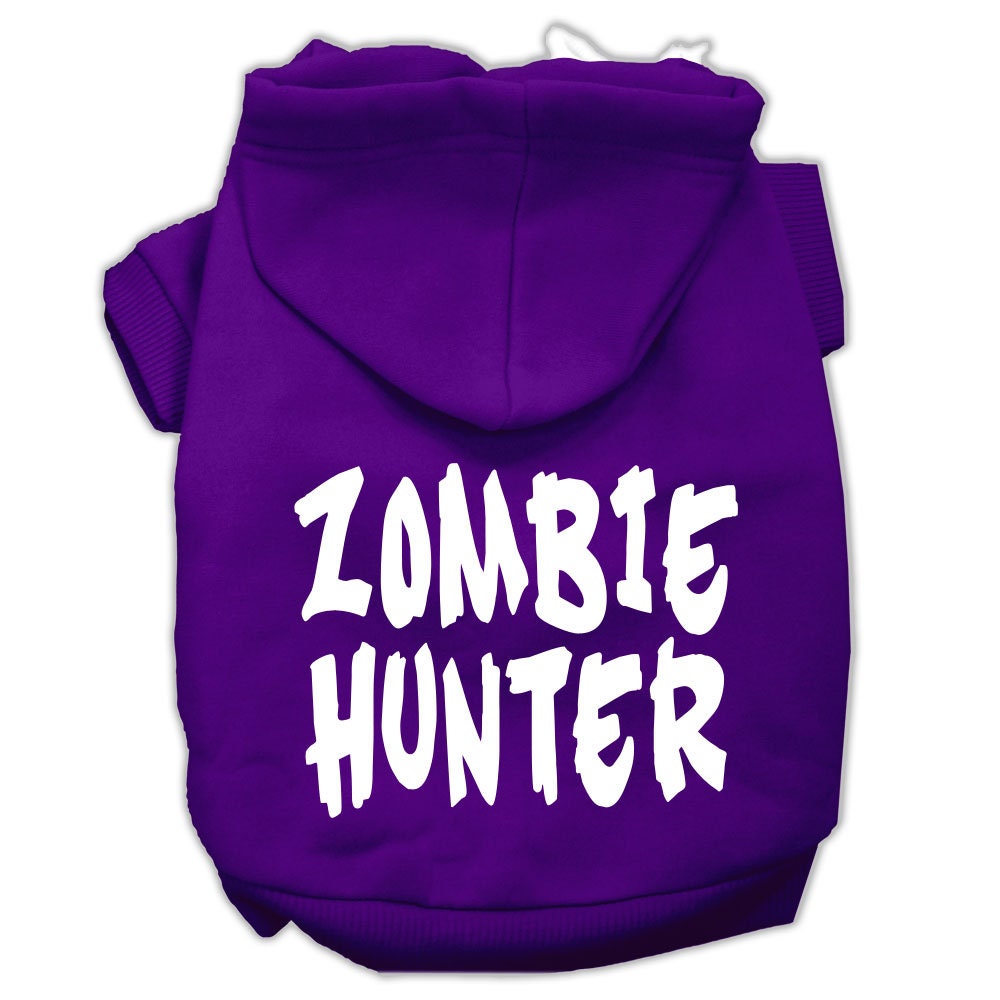 A cozy Halloween hoodie for pets featuring a 'Zombie Hunter' design, perfect for dogs and cats.