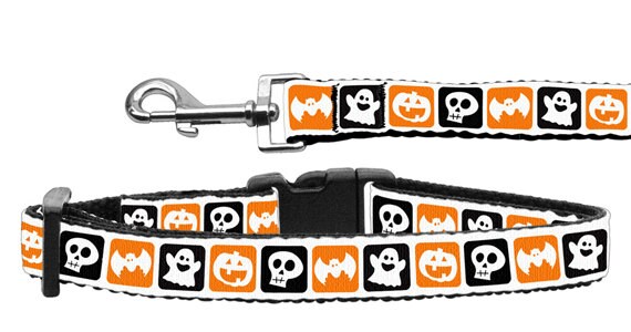 A stylish Halloween-themed nylon collar and leash for dogs and cats, featuring a classic design with vibrant colors and durable materials.