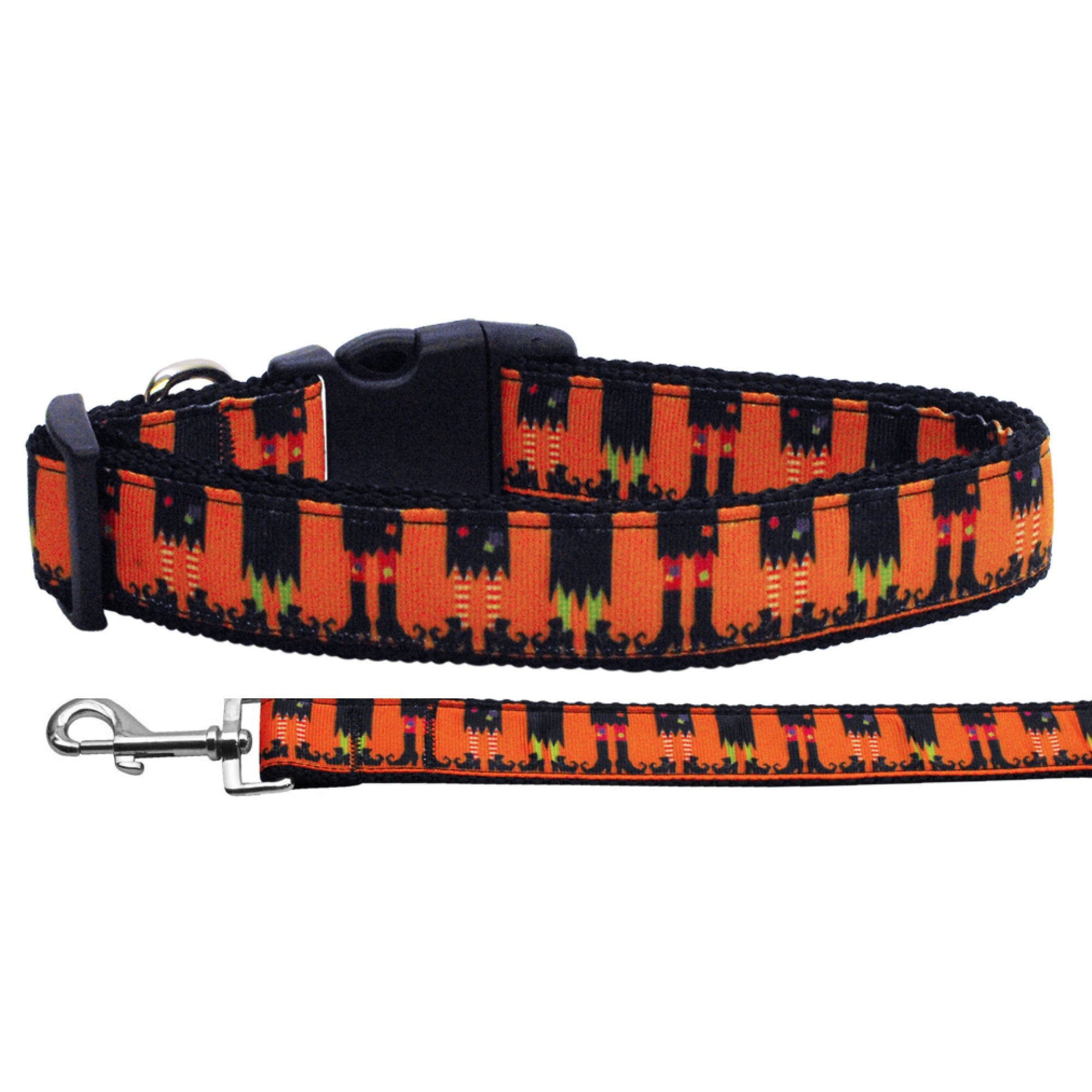 Halloween themed nylon collar and leash for dogs and cats, featuring a vibrant 'Witches Brew' design.