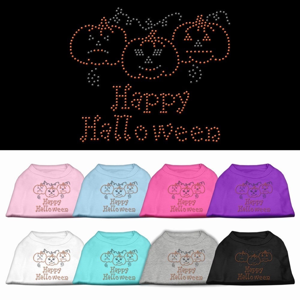 A cute Halloween shirt for dogs and cats featuring rhinestones and the text 'Happy Halloween', designed for festive pet celebrations.